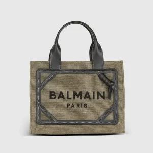 Balmain Women B-Army Small Canvas Shopping Bag with Leather Inserts
