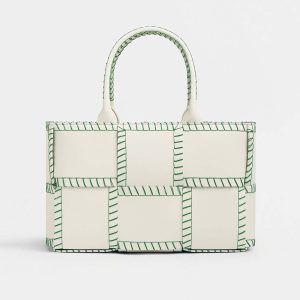 Bottega Veneta Women Arco Tote Small Intreccio Leather Tote Bag with Overlock Stitching-White