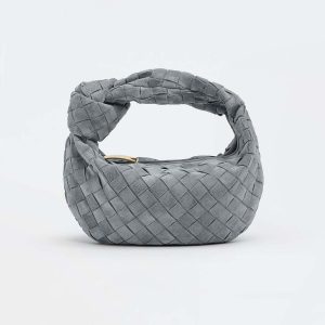 Bottega Veneta Women Mini Jodie Mini Intrecciato Suede Top Handle Bag-Gray