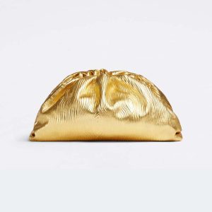 Bottega Veneta Women Pouch Metalized Leather Clutch-Gold