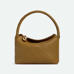 Bottega Veneta Women Tosca Shoulder Bag with Metallic Sphere Closure Woven-Brown