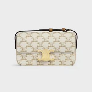 Celine Women Triomphe Shoulder Bag in Triomphe Canvas and Calfksin-White