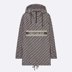 Dior Women Hooded Anorak Blue and Ecru Technical Taffeta Jacquard with Dior Oblique Motif
