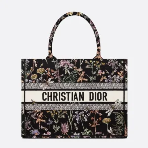 Dior Women Medium Dior Book Tote Black Multicolor Dior Herbarium Embroidery