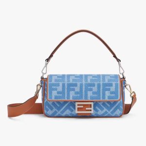 Fendi Women Baguette Light Blue Denim Bag with FF Embroidery