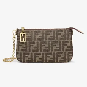 Fendi Women Baguette Pouch Brown Jacquard FF Fabric Clutch with Chain
