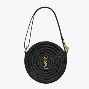 Saint Laurent YSL Women Round Bag in Raffia and Vegetable-Tanned Leather-Black