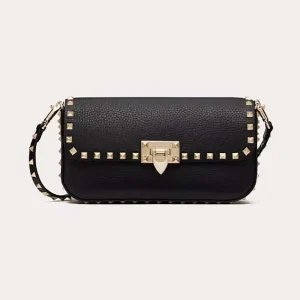 Valentino Women Garavani Rockstud Grainy Calfskin Shoulder Bag-Black
