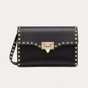 Valentino Women Small Rockstud Grainy Calfskin Crossbody Bag-Black
