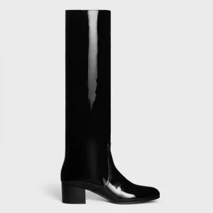 Celine Women Les Bottes Celine Triomphe High Boot in Patent Calfskin-Black