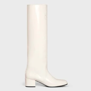 Celine Women Les Bottes Celine Triomphe High Boot in Patent Calfskin-White