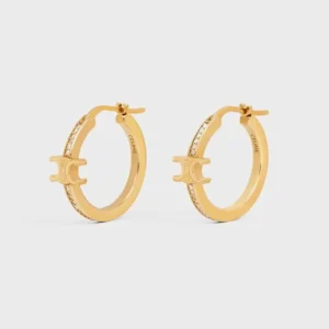Celine Women Triomphe Sparkle Hoops in Strass and Brass with Gold Finish