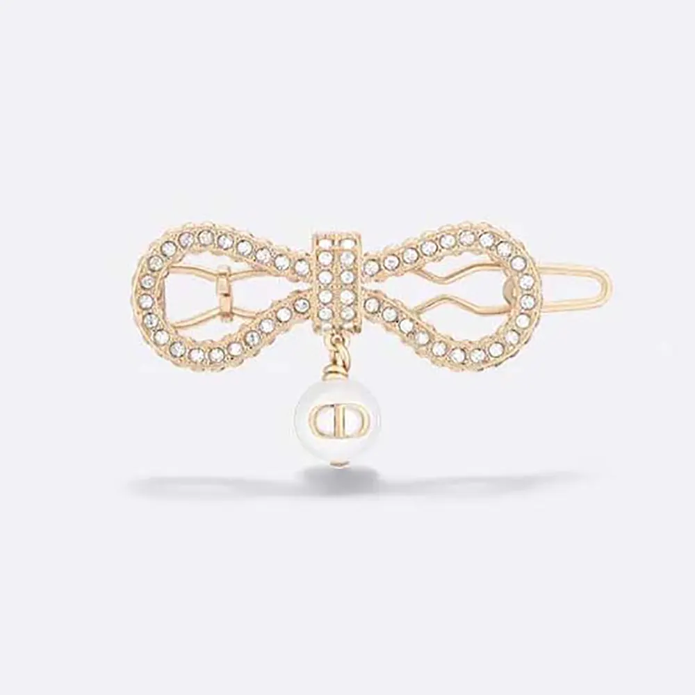 Dior Women Le Nœud de Dior Barrette Champagne-Finish Metal with a White Resin Pearl