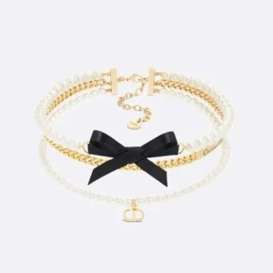 Dior Women Le Nœud de Dior Choker Gold-Finish Metal with White Resin Pearls and Black Satin