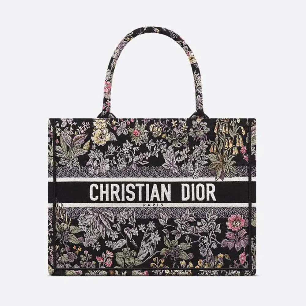 Dior Women Medium Dior Book Tote Black Embroidery with Multicolor Millefiori Unicorn Motif