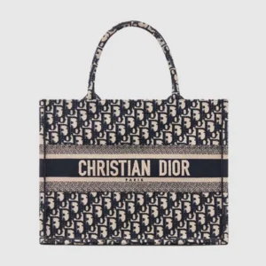 Dior Women Medium Dior Book Tote Ecru and Blue Dior Oblique Embroidery