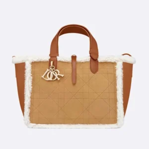 Dior Women Medium Dior Toujours Bag Beige Macrocannage Suede and Ecru Lambskin Shearling