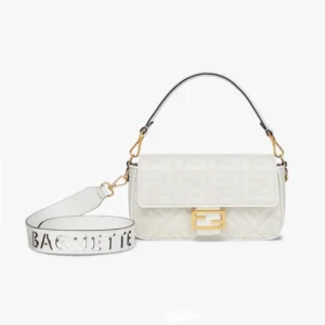 Fendi Women Baguette White Denim Bag with FF Embroidery