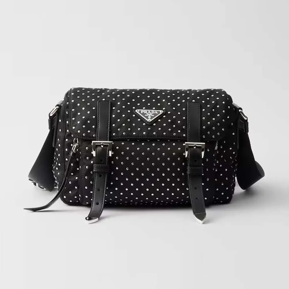 Prada Women Re-Nylon Shoulder Bag with Studs 1BD382
