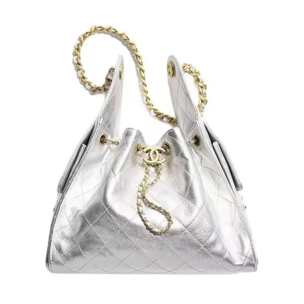 Chanel Women 25 Small Handbag Grained Calfskin Gold Tone Metal-Silver