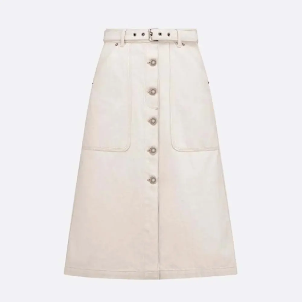 Dior Women Belted Skirt Ecru Cotton Denim with Dior Oblique Interior