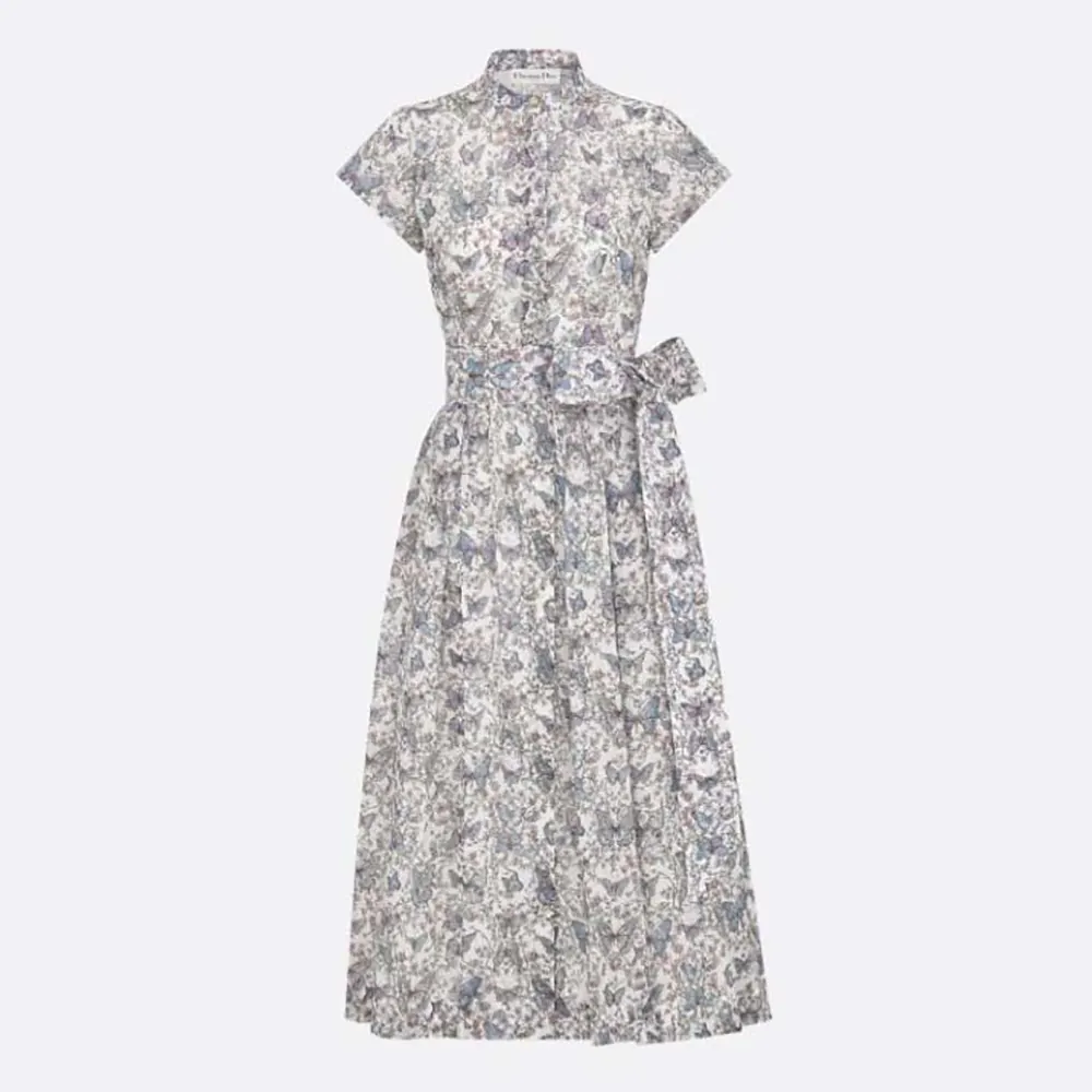 Dior Women Mid-Length Dress with Tied Belt White Cotton Muslin 521D07A3A48