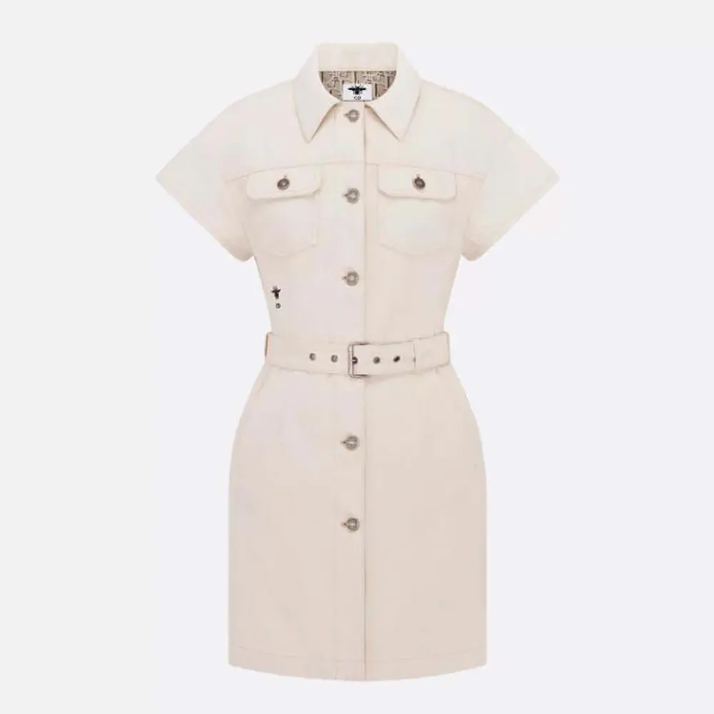 Dior Women Short Belted Shirtdress Ecru Cotton Denim with Dior Oblique Interior