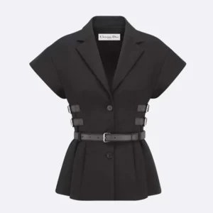 Dior Women Short-Sleeved Belted Jacket Black Virgin Wool and Silk Grain de Poudre