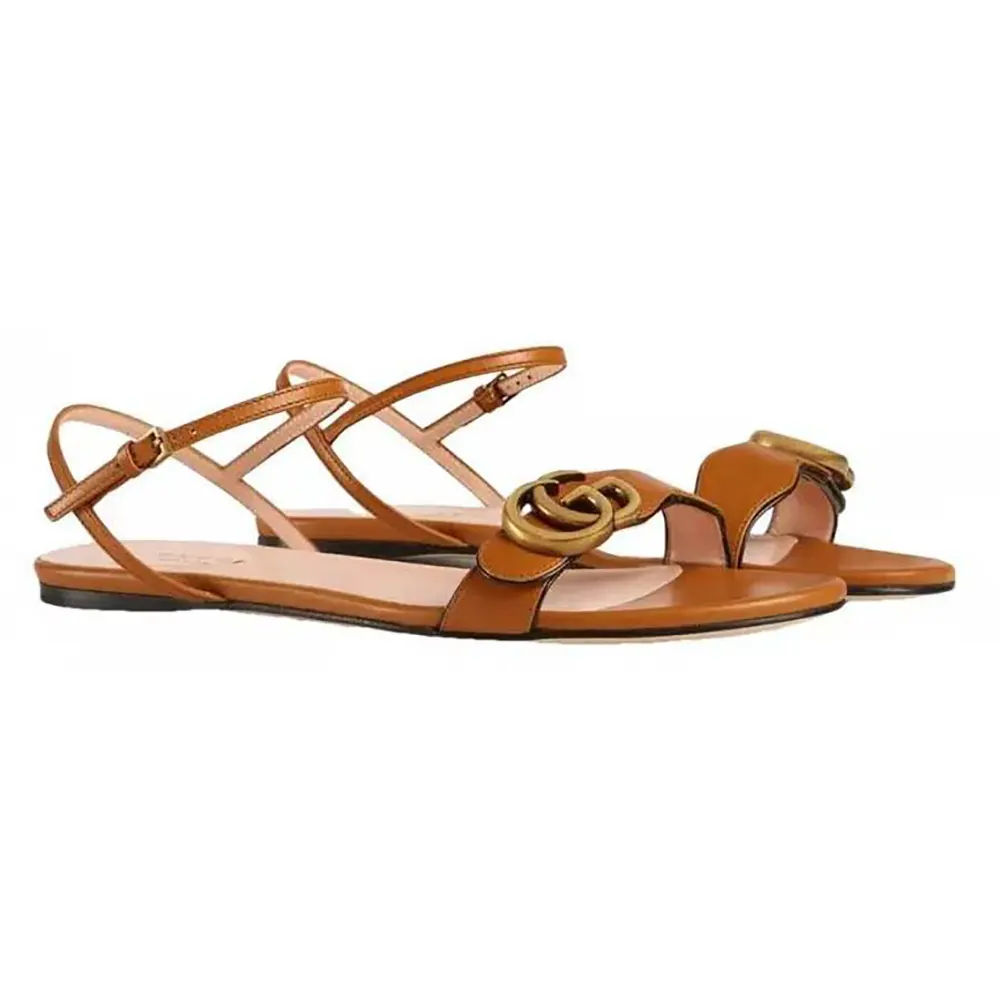 Gucci Women Leather Sandal with Double G-Brown
