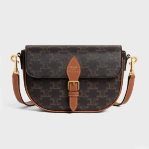 Celine Women Folco Shoulder Bag in Triomphe Canvas and Calfskin