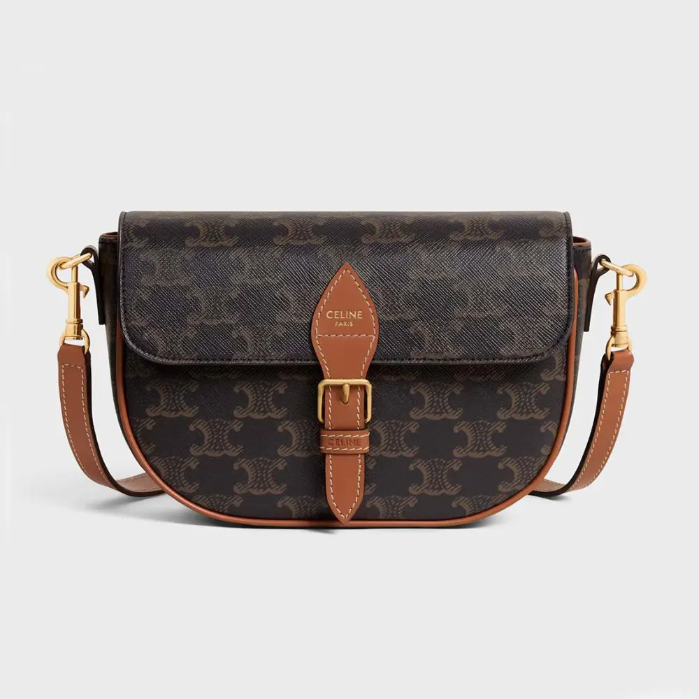 Celine Women Folco Shoulder Bag in Triomphe Canvas and Calfskin