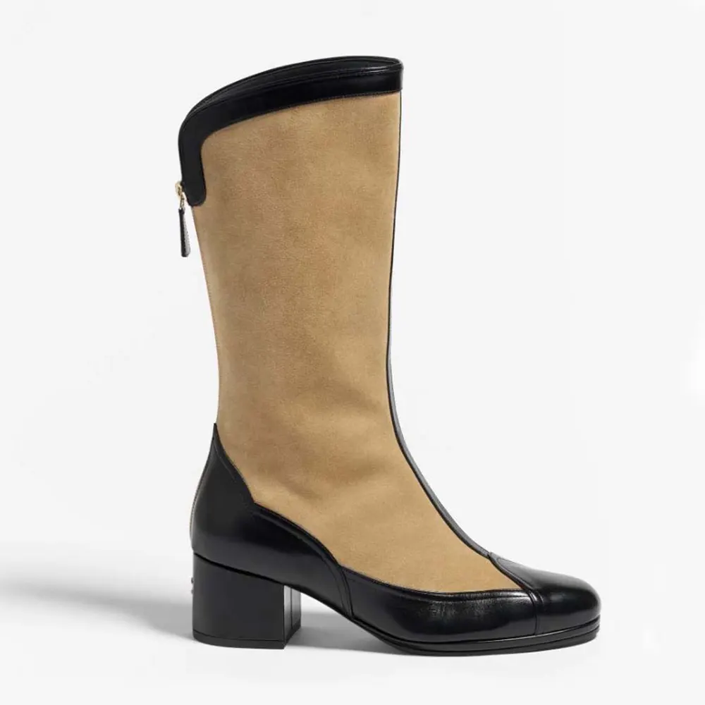 Chanel Women High Boots Suede Calfskin Lambskin-Beige
