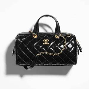 Chanel Women Large Bowling Bag Patent Crumpled Calfskin Gold Tone Metal