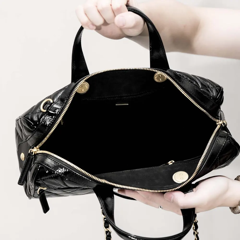 Chanel Women Large Bowling Bag Patent Crumpled Calfskin Gold Tone Metal