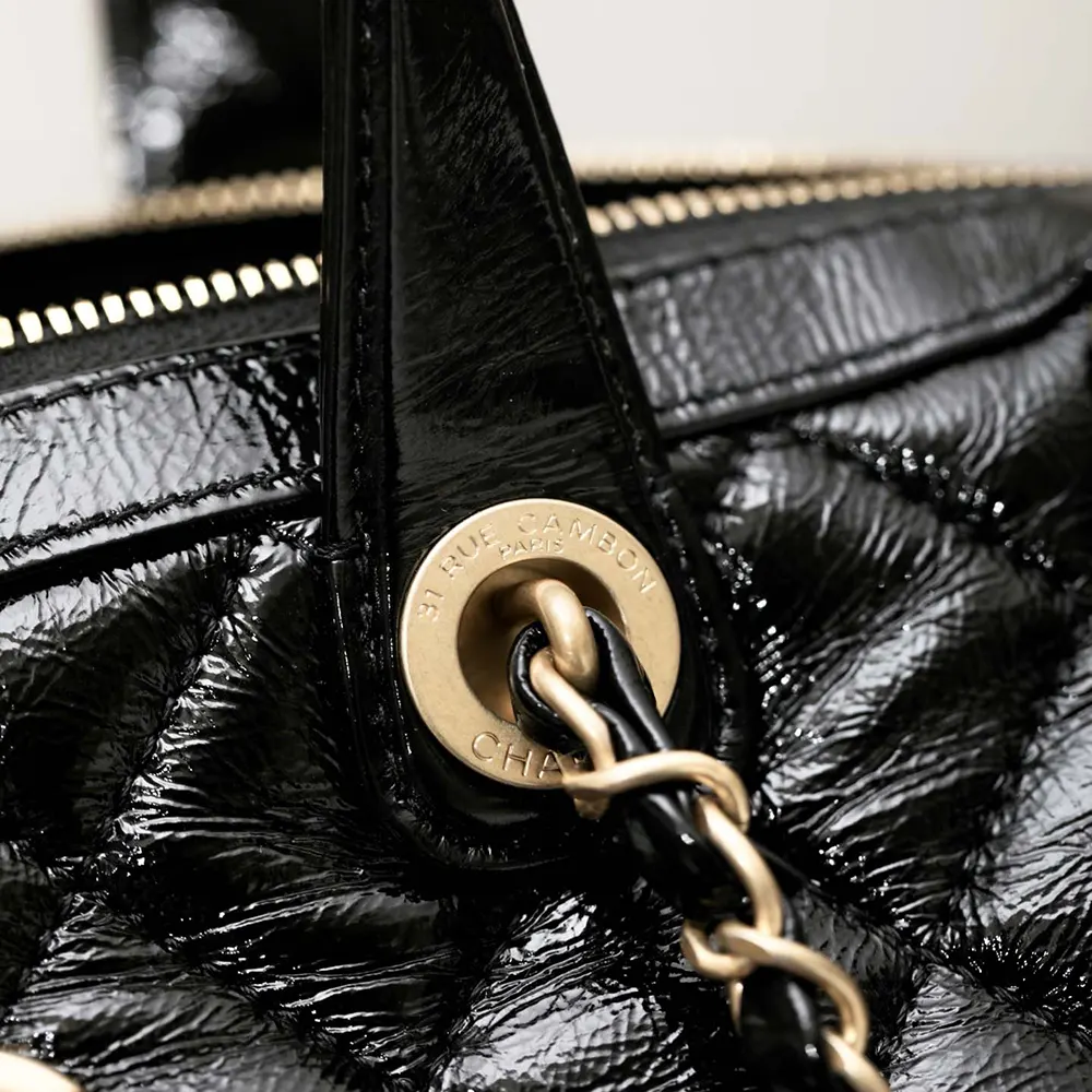 Chanel Women Large Bowling Bag Patent Crumpled Calfskin Gold Tone Metal