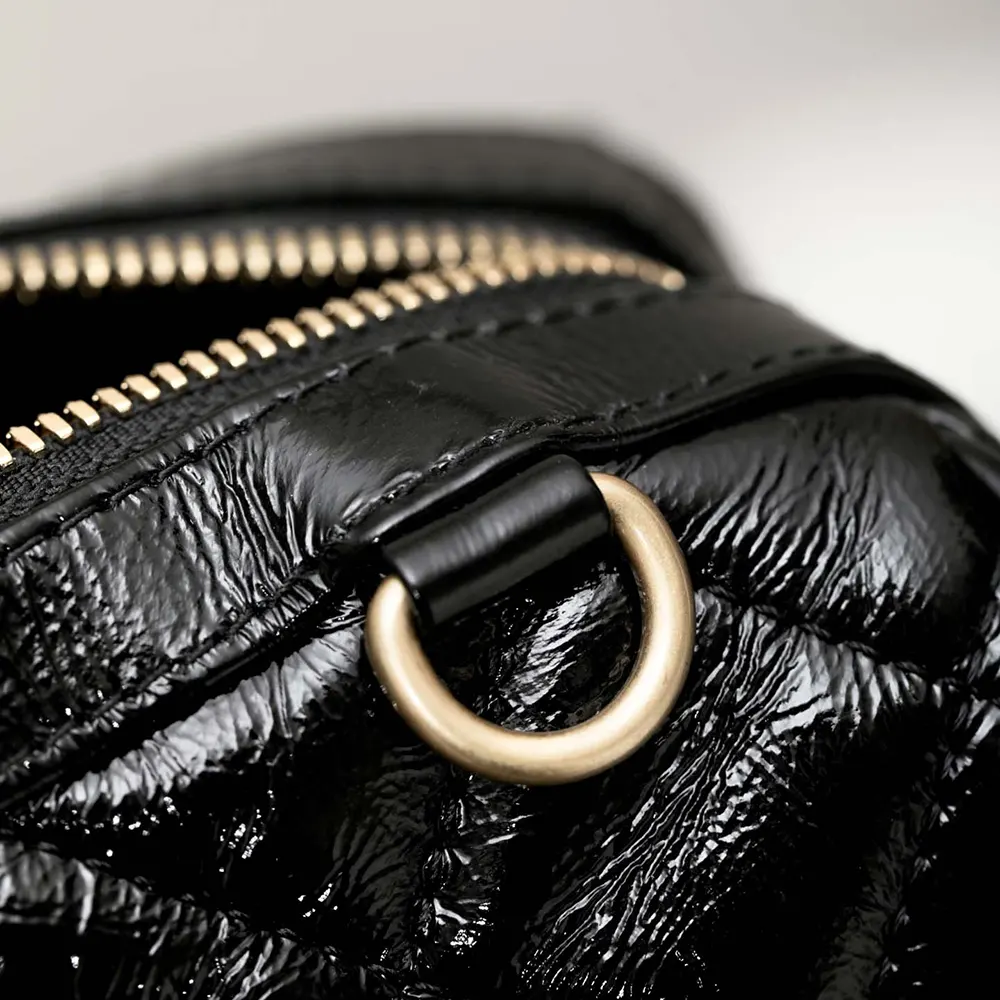 Chanel Women Large Bowling Bag Patent Crumpled Calfskin Gold Tone Metal