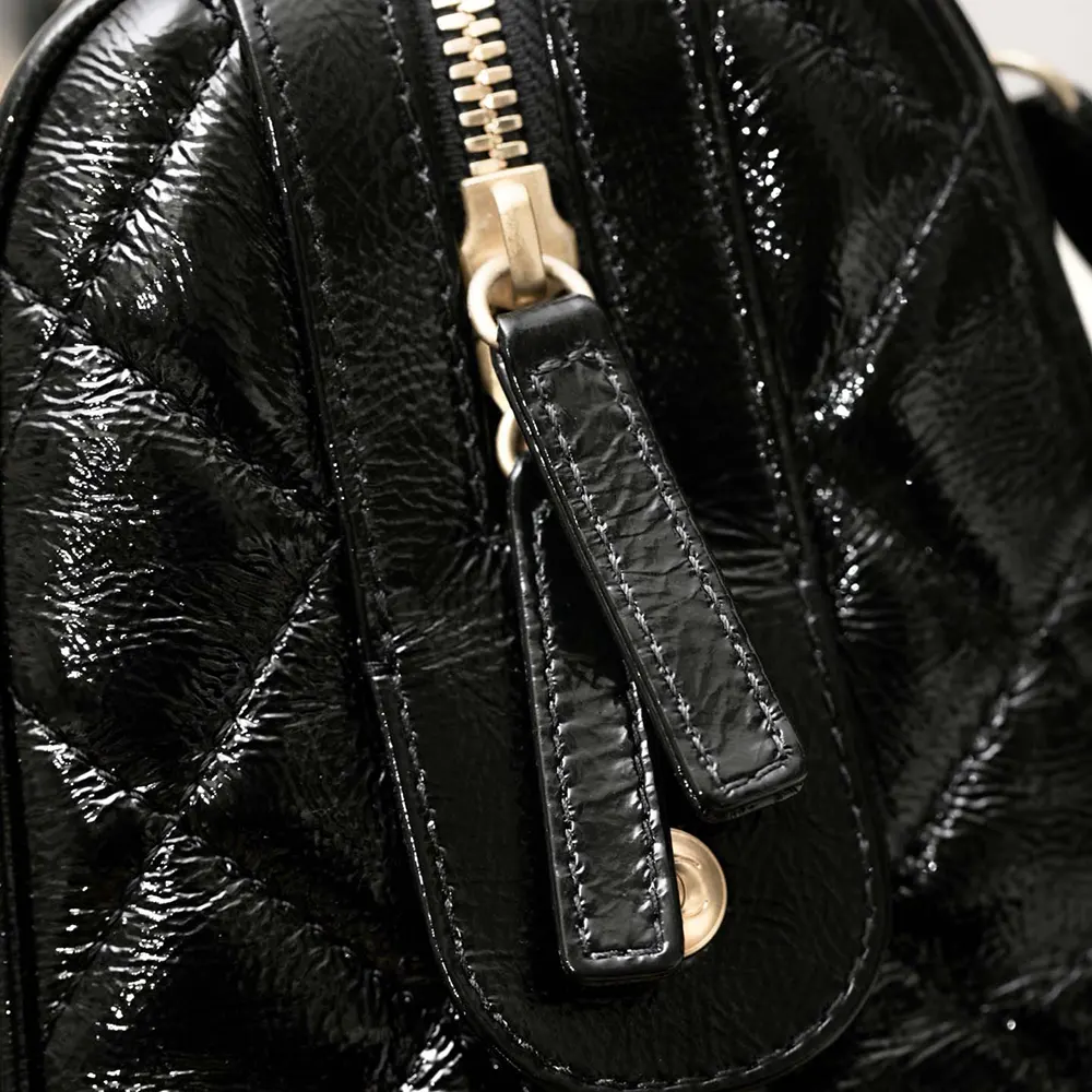 Chanel Women Large Bowling Bag Patent Crumpled Calfskin Gold Tone Metal