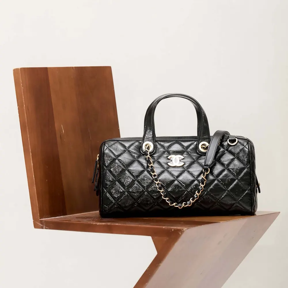 Chanel Women Large Bowling Bag Patent Crumpled Calfskin Gold Tone Metal