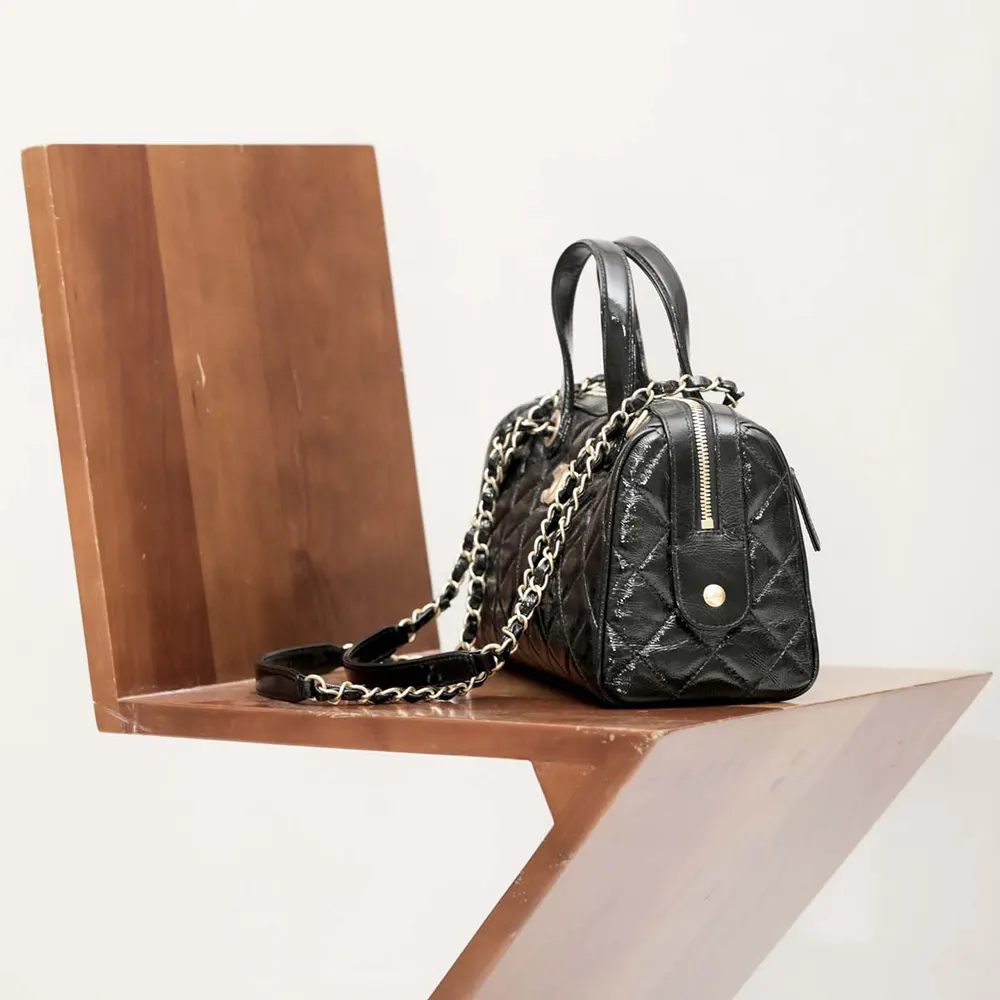 Chanel Women Large Bowling Bag Patent Crumpled Calfskin Gold Tone Metal