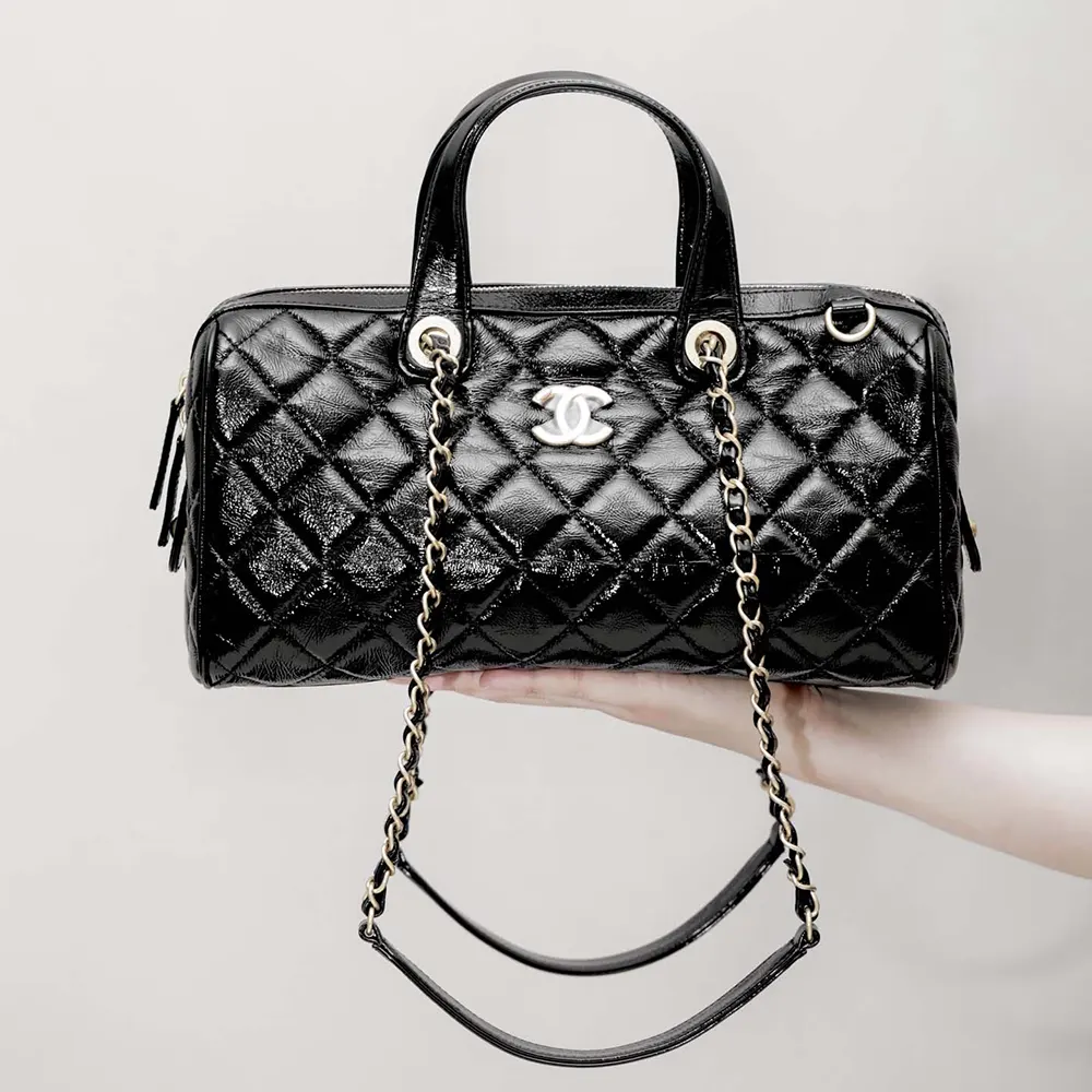 Chanel Women Large Bowling Bag Patent Crumpled Calfskin Gold Tone Metal