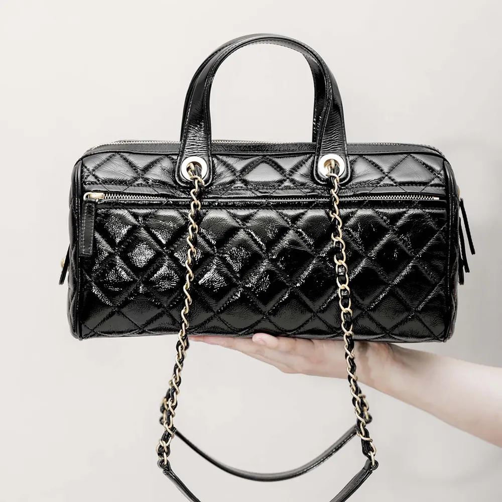 Chanel Women Large Bowling Bag Patent Crumpled Calfskin Gold Tone Metal