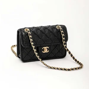Chanel Women Mini Flap Bag Metallized Braided Calfskin Gold Tone Metal-Black