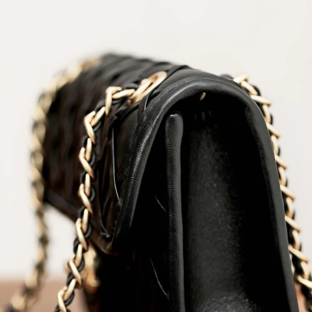 Chanel Women Mini Flap Bag Metallized Braided Calfskin Gold Tone Metal-Black