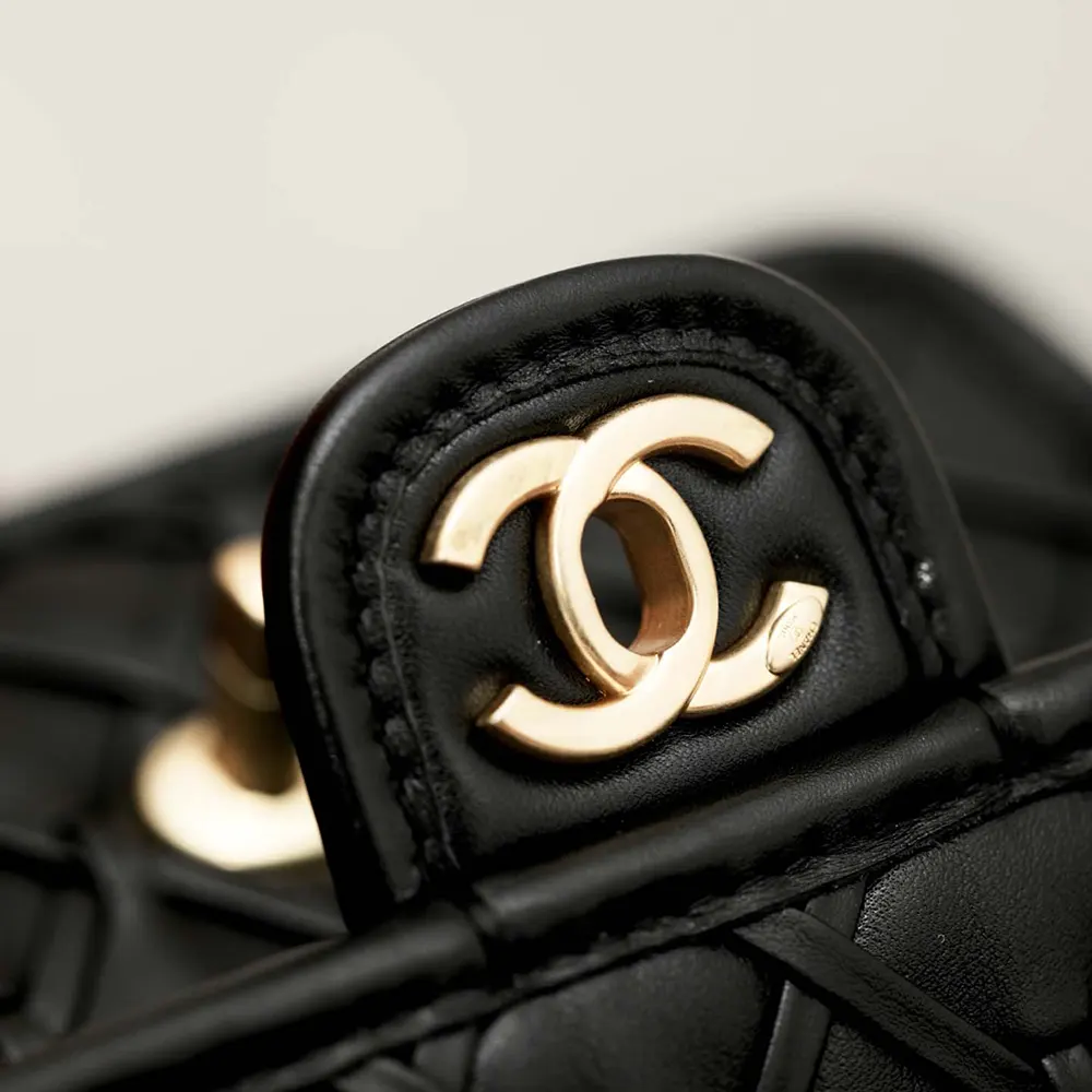 Chanel Women Mini Flap Bag Metallized Braided Calfskin Gold Tone Metal-Black