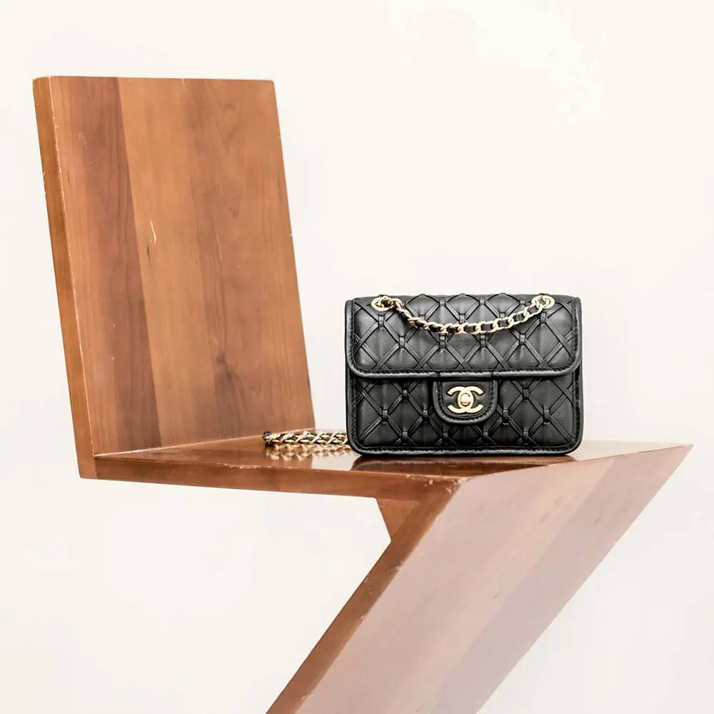 Chanel Women Mini Flap Bag Metallized Braided Calfskin Gold Tone Metal-Black