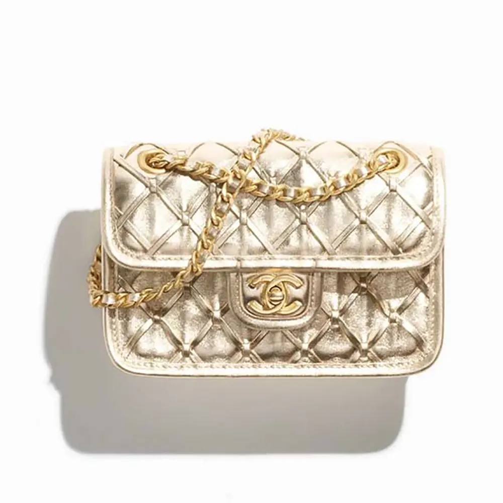 Chanel Women Mini Flap Bag Metallized Braided Calfskin Gold Tone Metal-Gold
