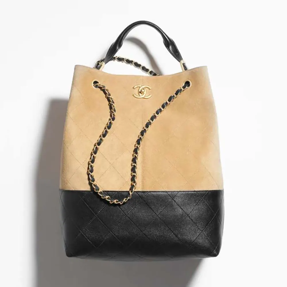 Chanel Women Shopping Bag Suede Calfskin Shiny Lambskin Gold Tone Metal