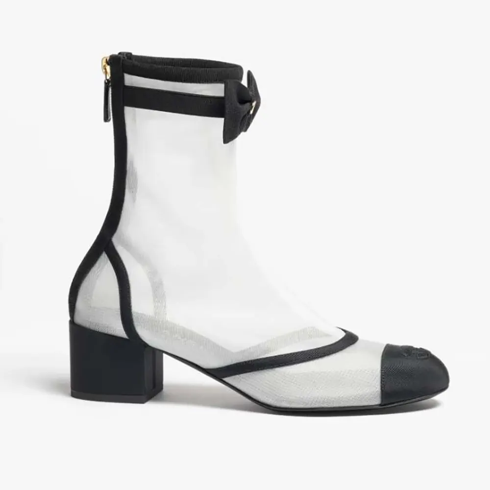 Chanel Women Short Boots Mesh Grosgrain-White & Black G46703