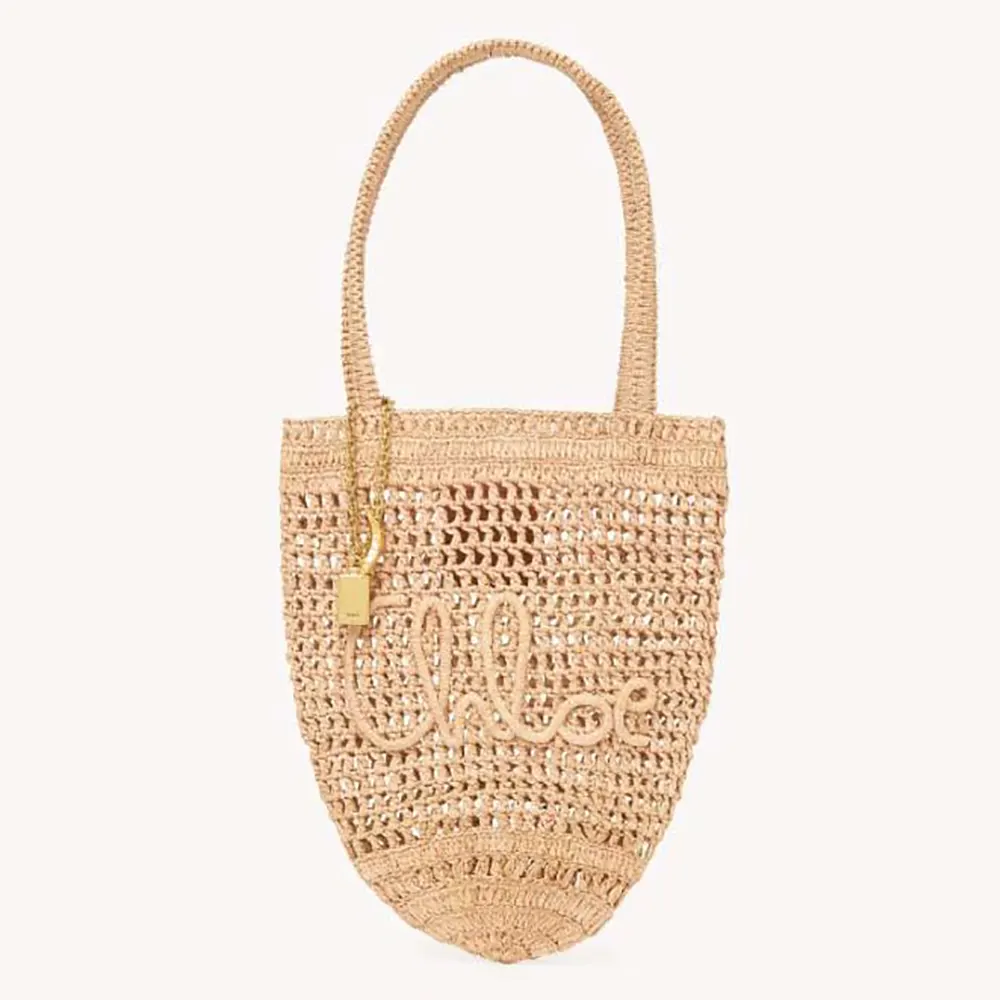 Chloe Women Small Summer Banana Tote Bag in Raffia-Sandy