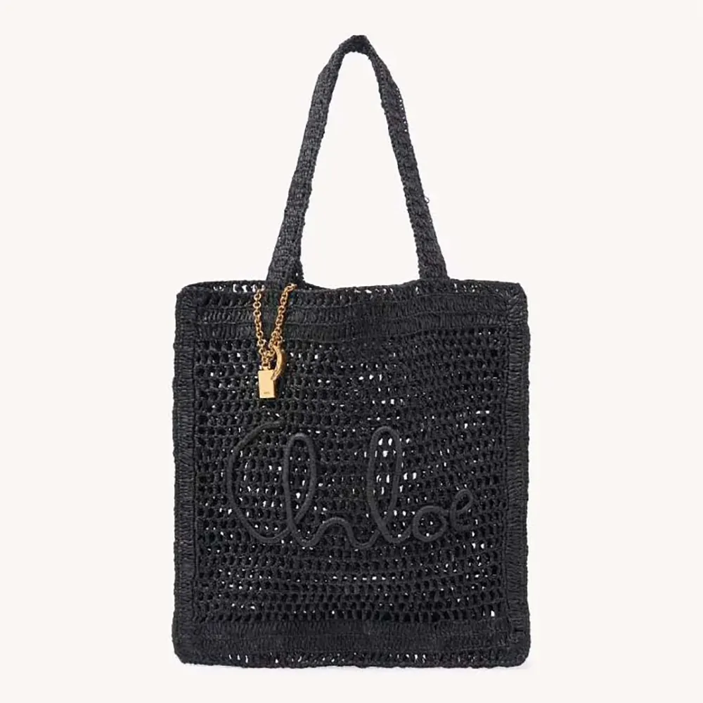 Chloe Women Summer Banana Tote Bag In Raffia-Black